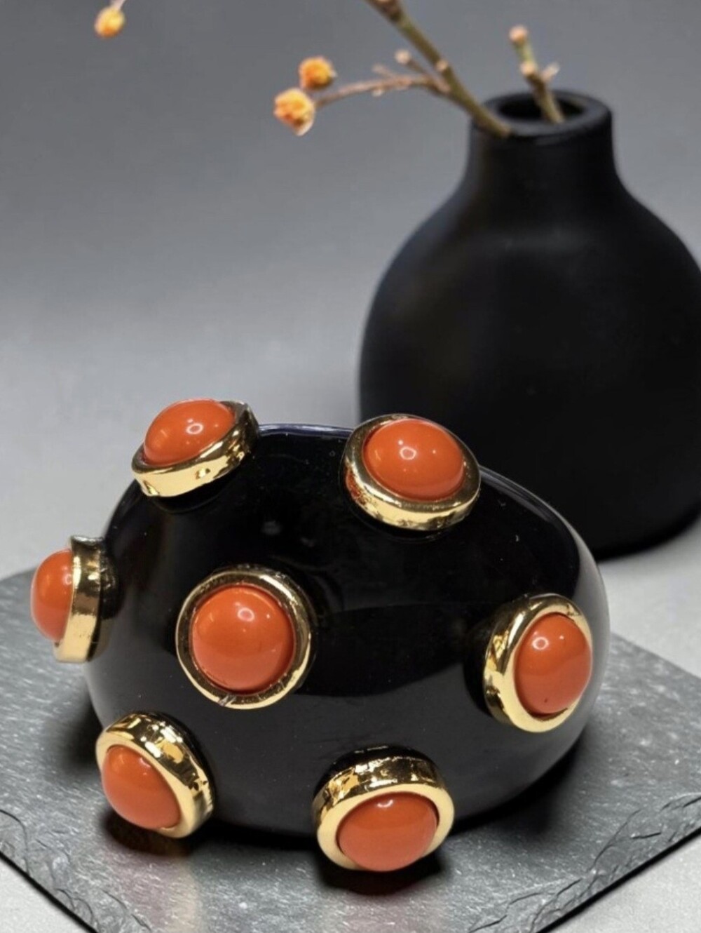 Chunky Catwalk Jon Oversized Domed Onyx Lucite Coral Cabochon Cocktail Ring